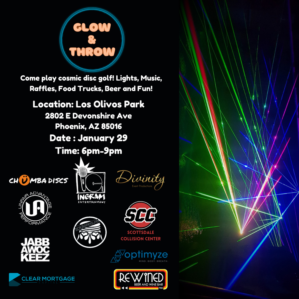 Flyer for Glow and Throw cosmic disc golf event. All ages and free to play. 